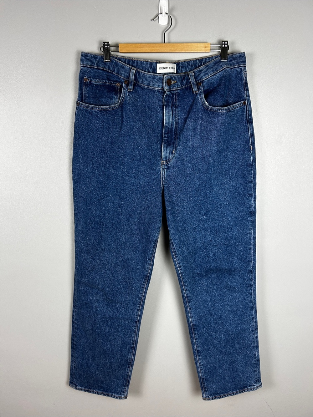 DENIM FORUM Rowan Super Hi-Rise Straight Ankle Jean 32 Medium Blue Cotton
